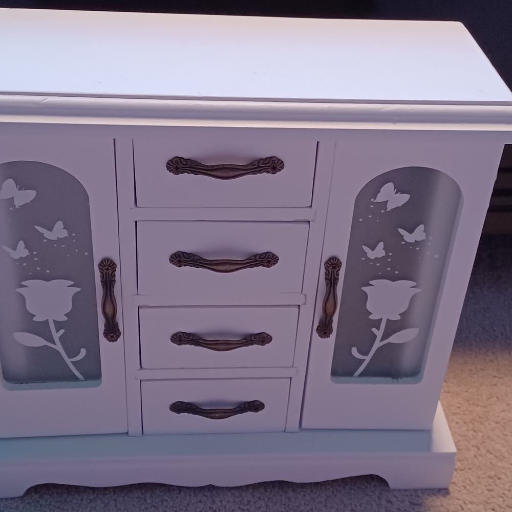White Jewelry Armoire with Flower & Butterfly Design